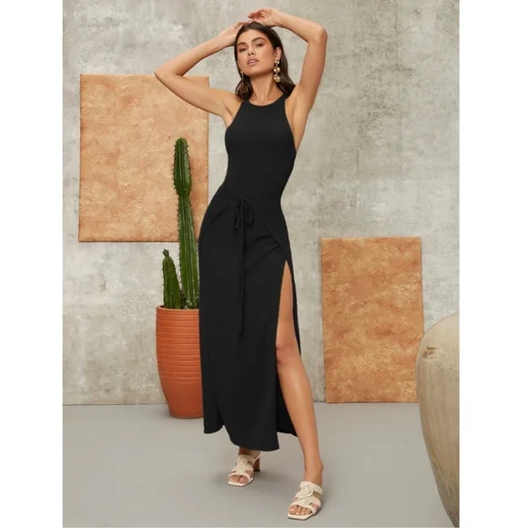 Tie Front Black Dress Maxi Length Thigh Slit - Picture 4 of 7